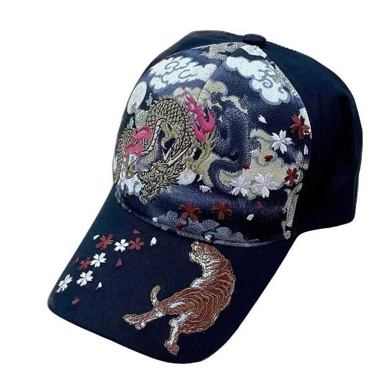 【お取り寄せ★納期 最長 約2週間】Ripple 刺繍綿CAP 龍虎B/黒★華やかでカッコイイ刺繍!日本製ちりめん生地使用!