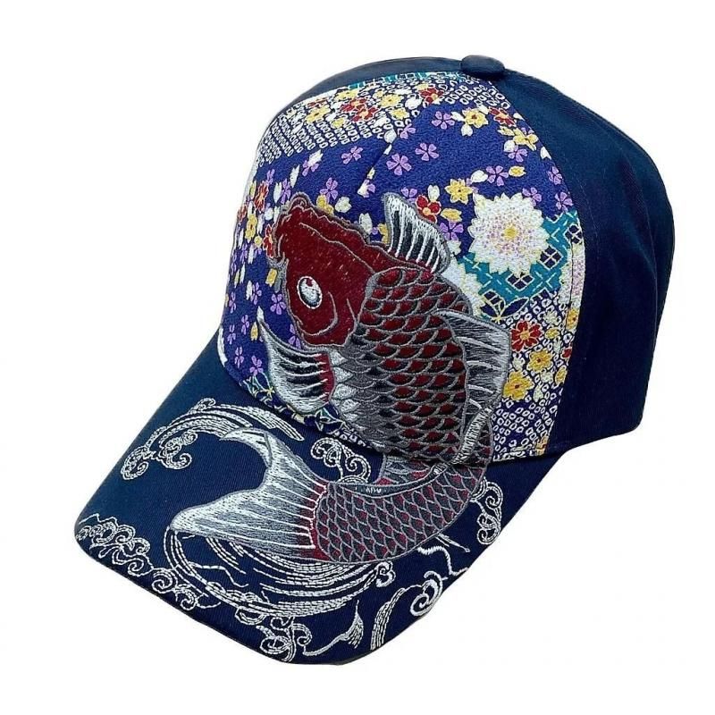 【お取り寄せ★納期 最長 約2週間】Ripple 刺繍綿CAP 紅鯉/紺★華やかでカッコイイ刺繍!日本製ちりめん生地使用
