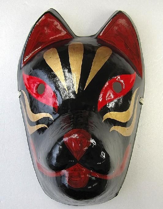 【在庫あり★即納可能】和紙工芸品 張子面 お面きつね（黒）★キツネ★狐 お面 色付き 和紙面【新品★未使用品】
