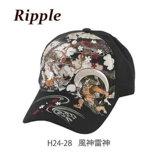 【お取り寄せ★納期 最長 約2週間】Ripple 刺繍 綿 キャップ 風神雷神/黒★大胆に大きく入った刺繍が個性的