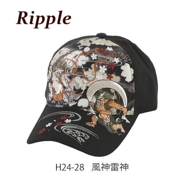 【お取り寄せ★納期 最長 約2週間】Ripple 刺繍 綿 キャップ 風神雷神/黒★大胆に大きく入った刺繍が個性的